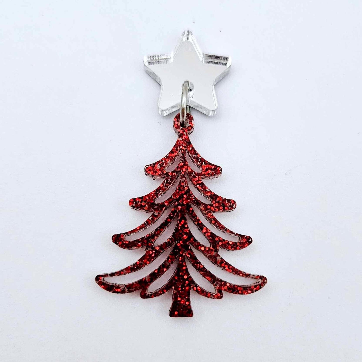 One 35mm red glitter Cascade Christmas Tree dangle blank assembled with a 16mm star topper, shown as a finished earring component