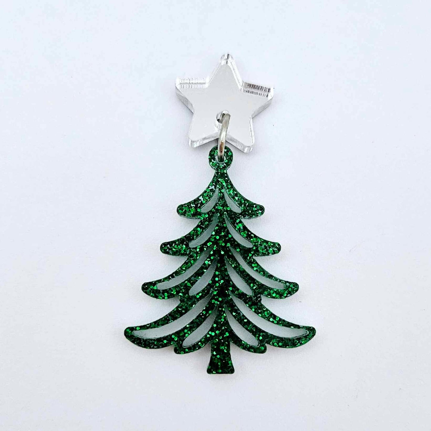 One 35mm green glitter Cascade Christmas Tree dangle earring blank assembled with a 16mm star topper, shown as a finished earring component