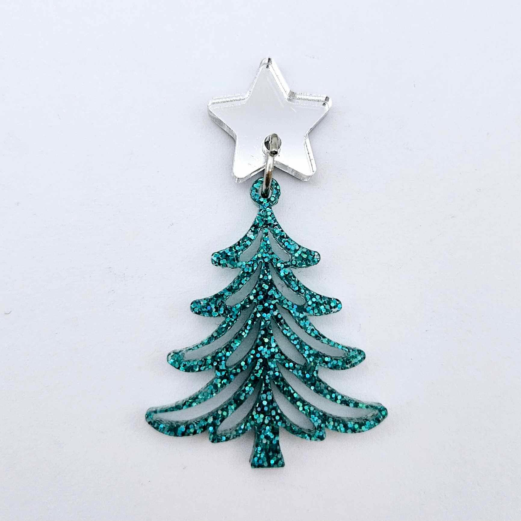 One 35mm teal glitter acrylic Cascade Christmas Tree dangle earring blank assembled with a 16mm star topper, shown as a finished earring component
