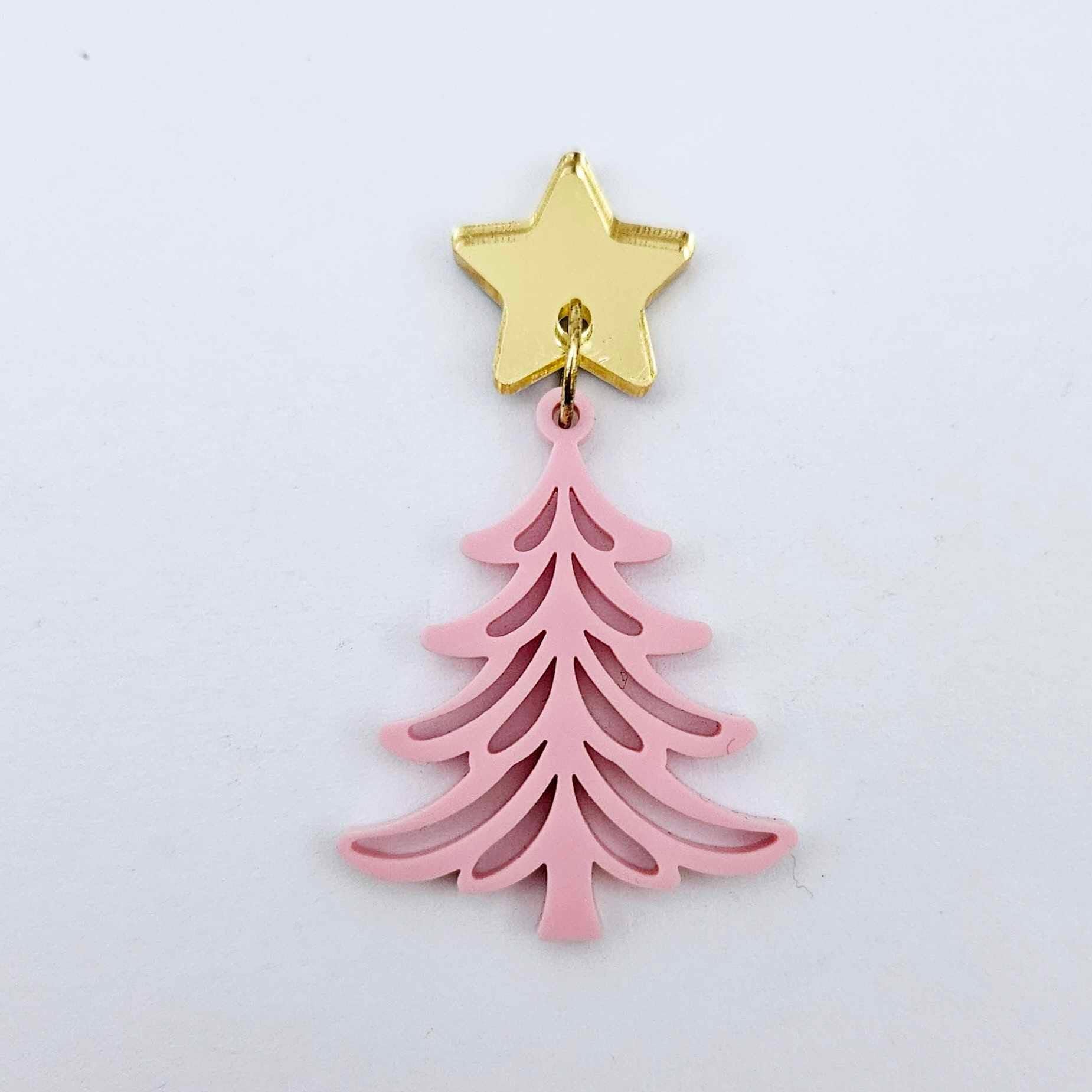 One 35mm pastel pink acrylic Cascade Christmas Tree dangle earring blank assembled with a 16mm star topper, shown as a finished earring component
