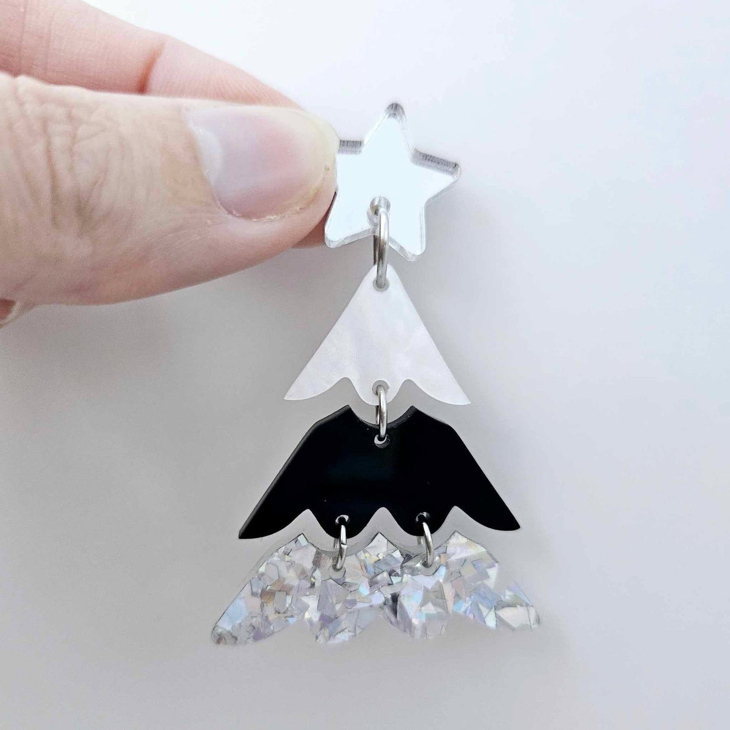One 40mm three piece Christmas Tree dangle earring blank assembled with 6mm jump rings and a 16mm star topper, shown as a finished earring component