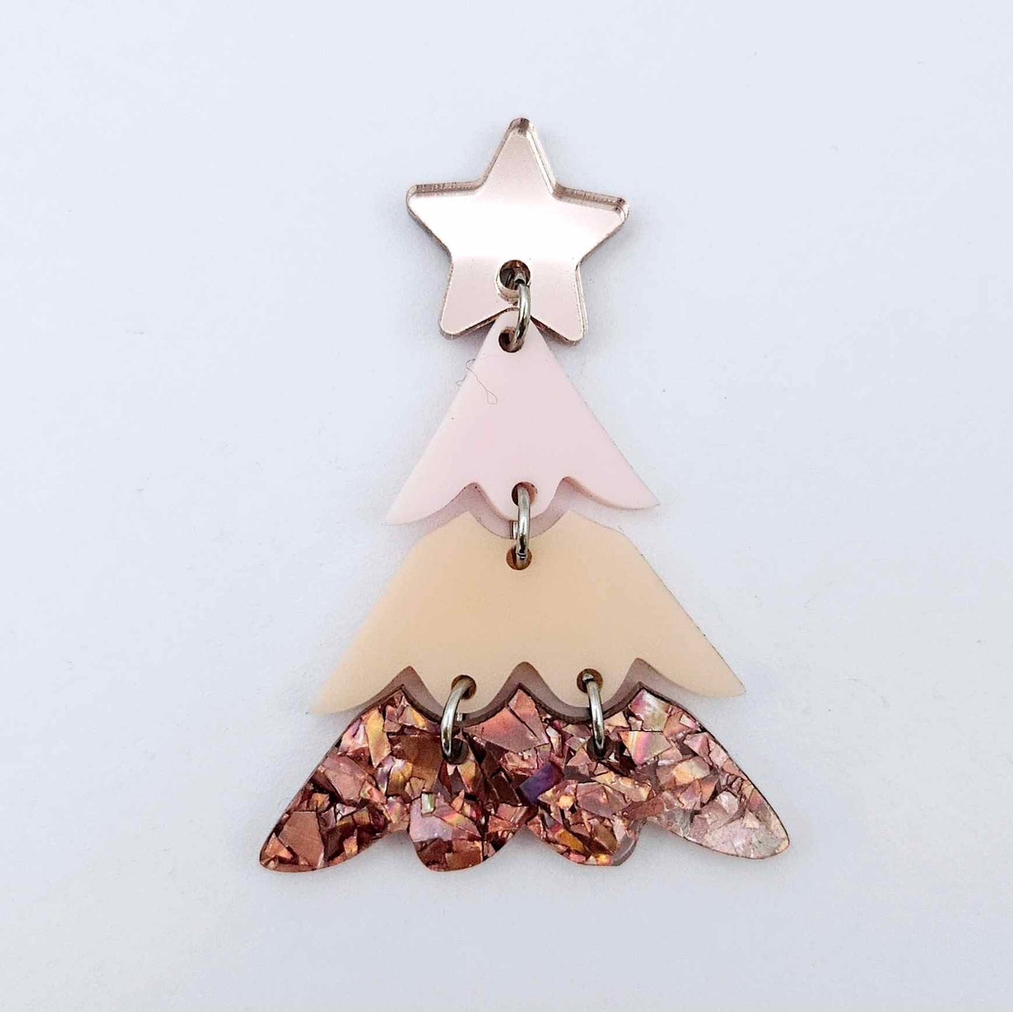 One 40mm three piece Christmas Tree dangle blank assembled with 6mm jump rings and a 16mm star topper, shown as a finished earring component.