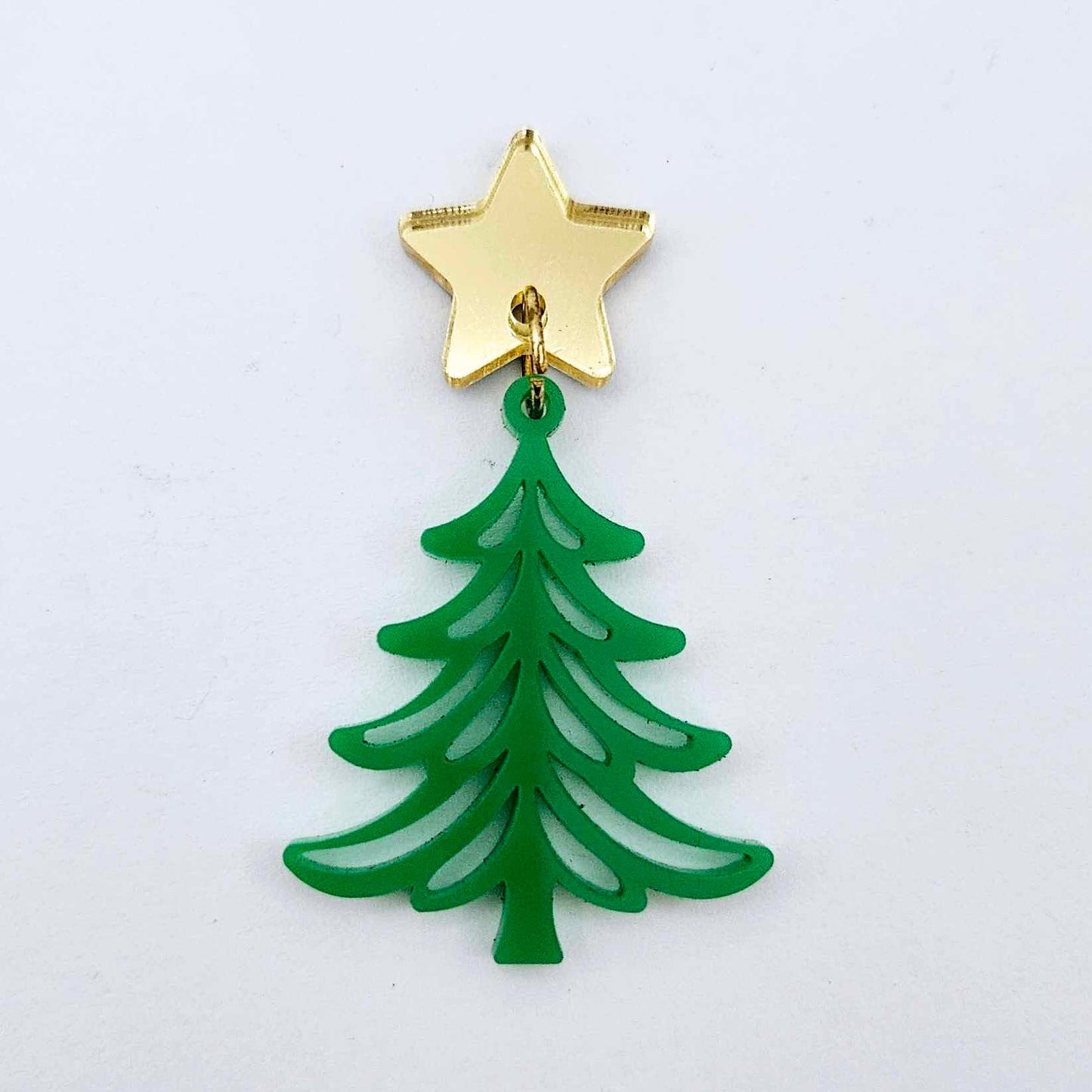 One 35mm solid green Cascade Christmas Tree dangle blank assembled with a 16mm star topper, shown as a finished earring component