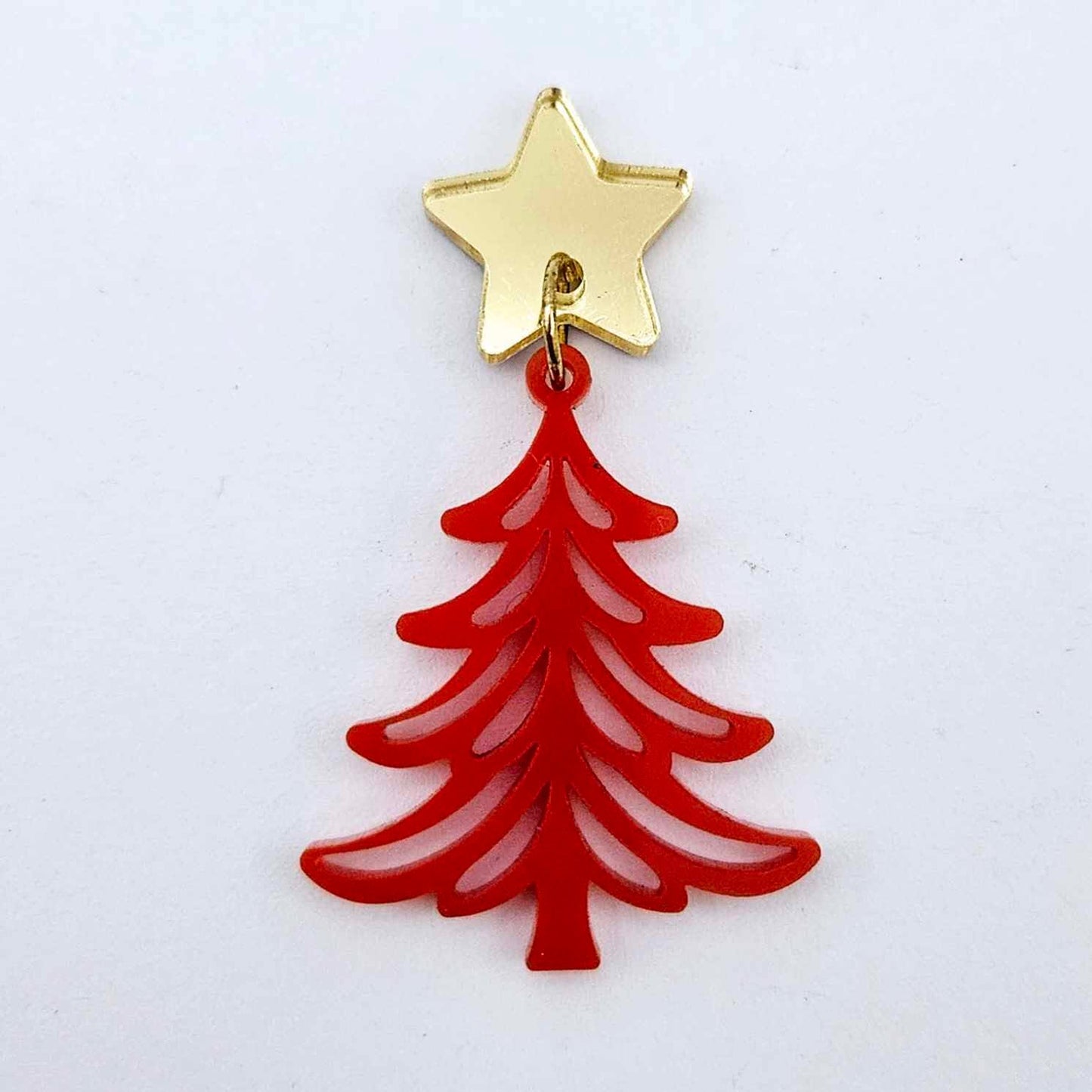 One 35mm solid red Cascade Christmas Tree dangle blank assembled with a 16mm star topper, shown as a finished earring component