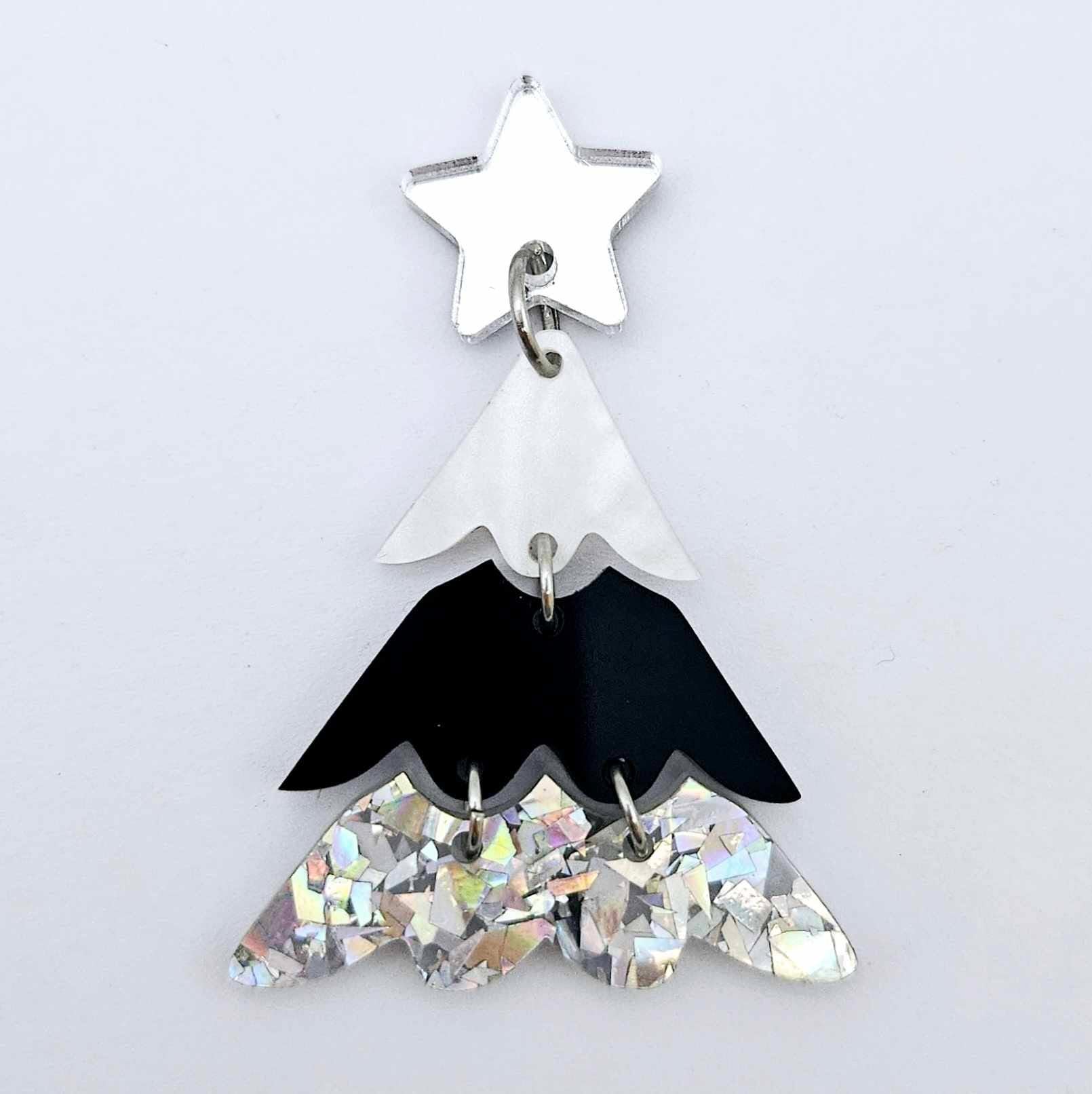 One 40mm three piece Christmas Tree dangle earring blank assembled with 6mm jump rings and a 16mm star topper, shown as a finished earring component