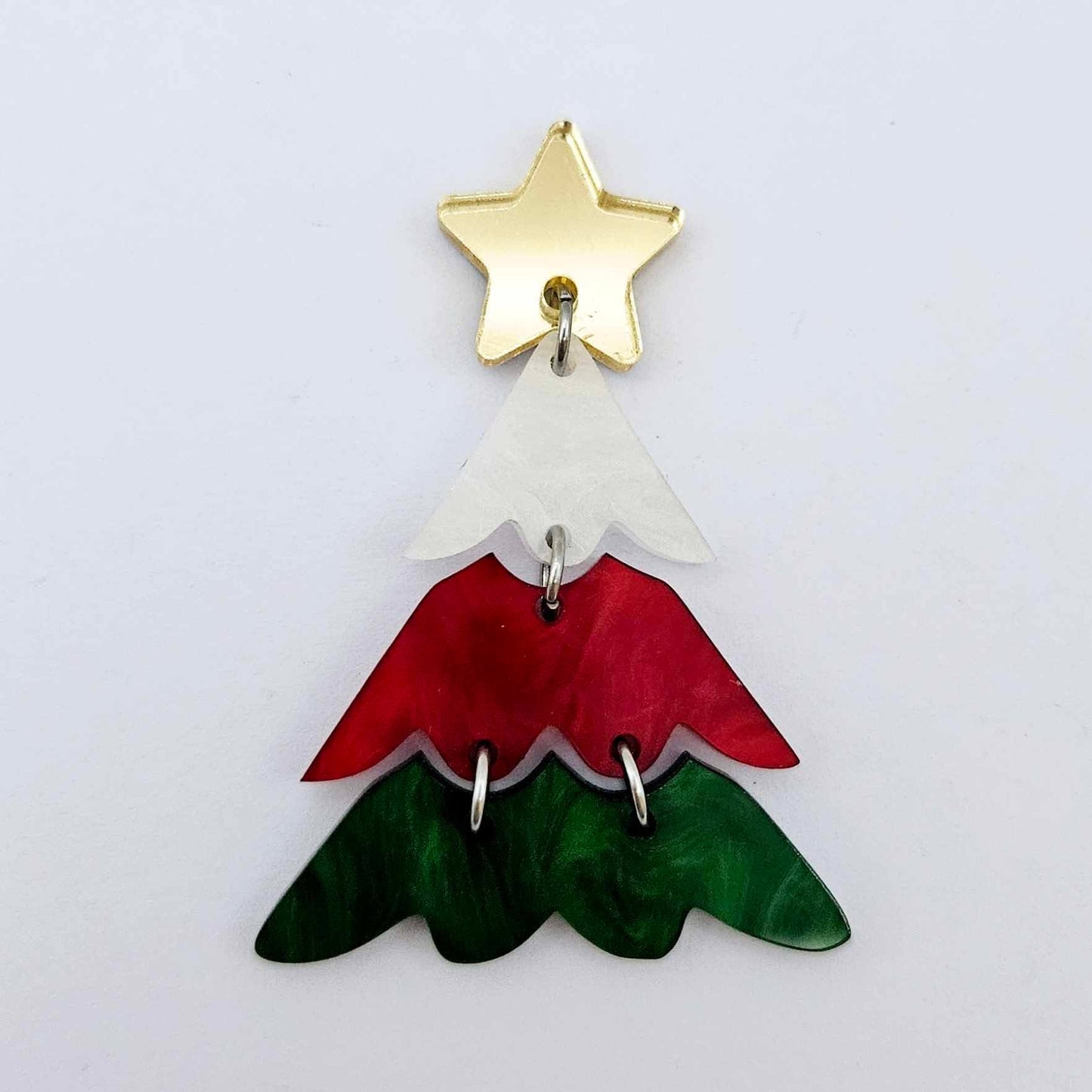 One 40mm three piece Christmas Tree dangle earring blank assembled with 6mm jump rings and a 16mm star topper, shown as a finished earring component