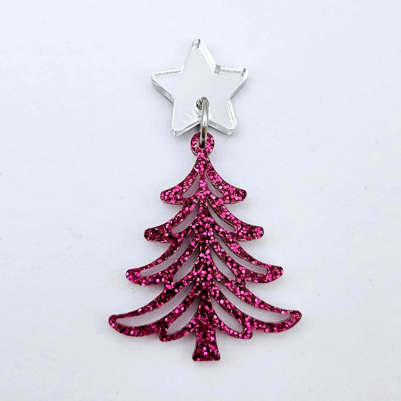 One 35mm hot pink glitter acrylic Cascade Christmas Tree dangle earring blank assembled with a 16mm star topper, shown as a finished earring component