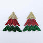 One pair of green, red and gold glitter three piece Christmas Tree dangle earring blanks laying flat