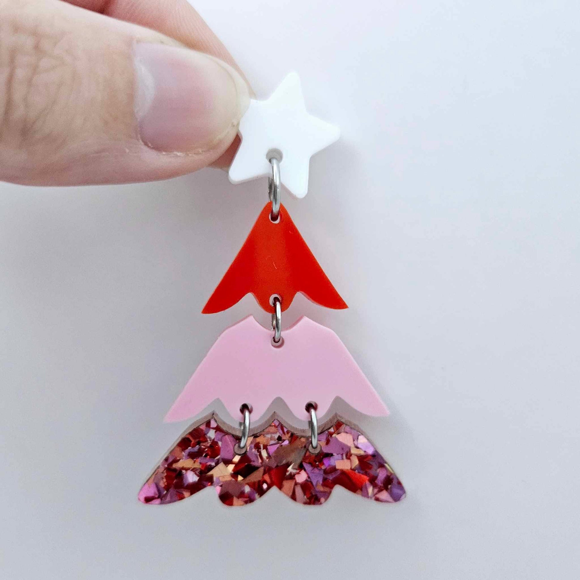One 40mm three piece Christmas Tree dangle blank assembled with 6mm jump rings and a 16mm star topper, shown as a finished earring component