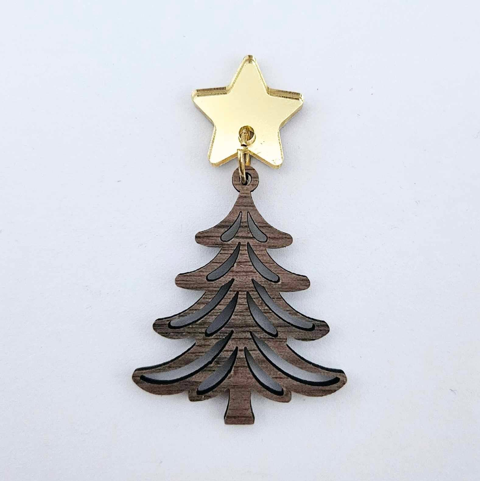 One 35mm walnut veneer Cascade Christmas Tree dangle earring blank assembled with a 16mm star topper, shown as a finished earring component