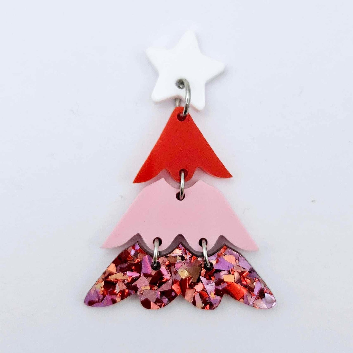 One 40mm three piece Christmas Tree dangle blank assembled with 6mm jump rings and a 16mm star topper, shown as a finished earring component