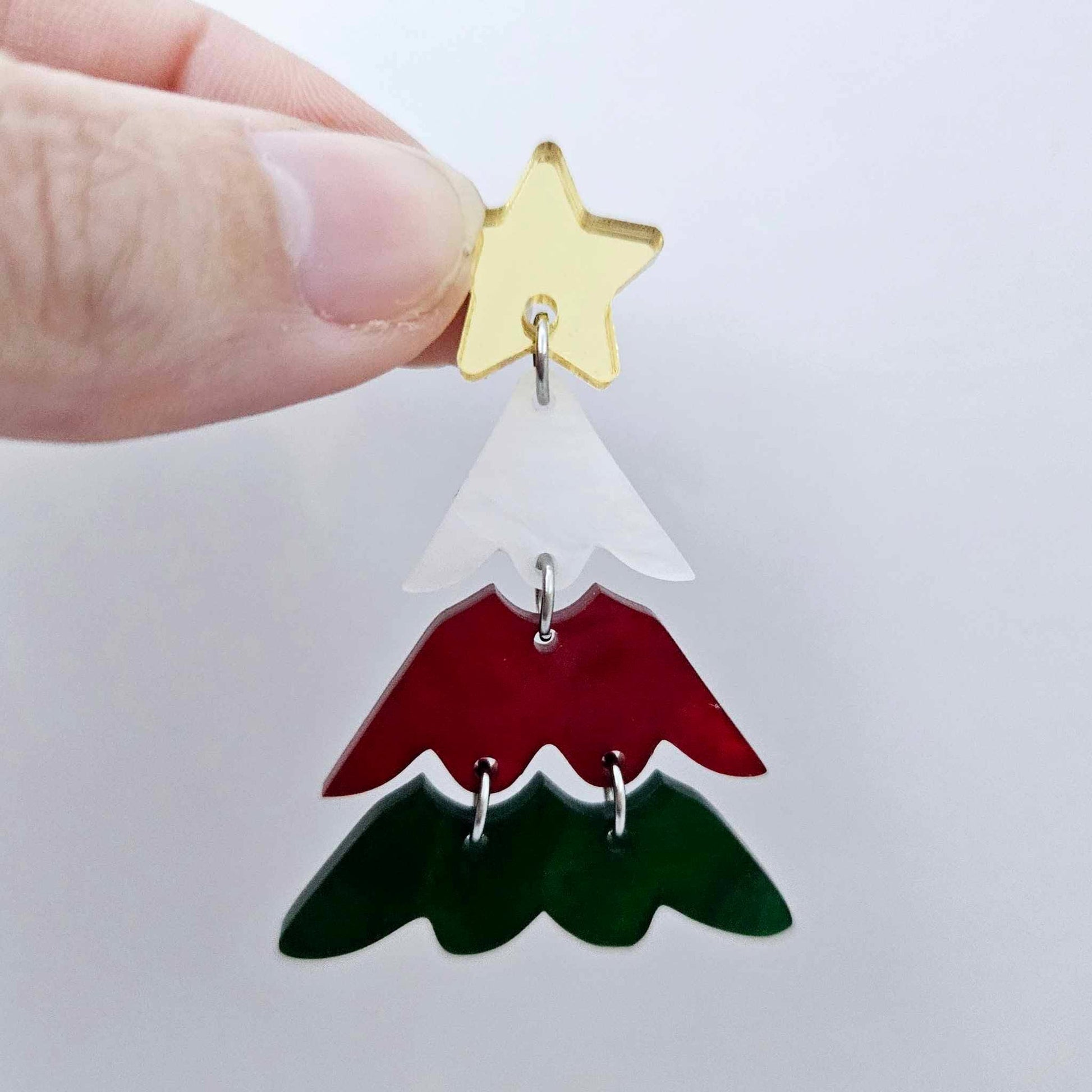 One 40mm three piece Christmas Tree dangle earring blank assembled with 6mm jump rings and a 16mm star topper, shown as a finished earring component