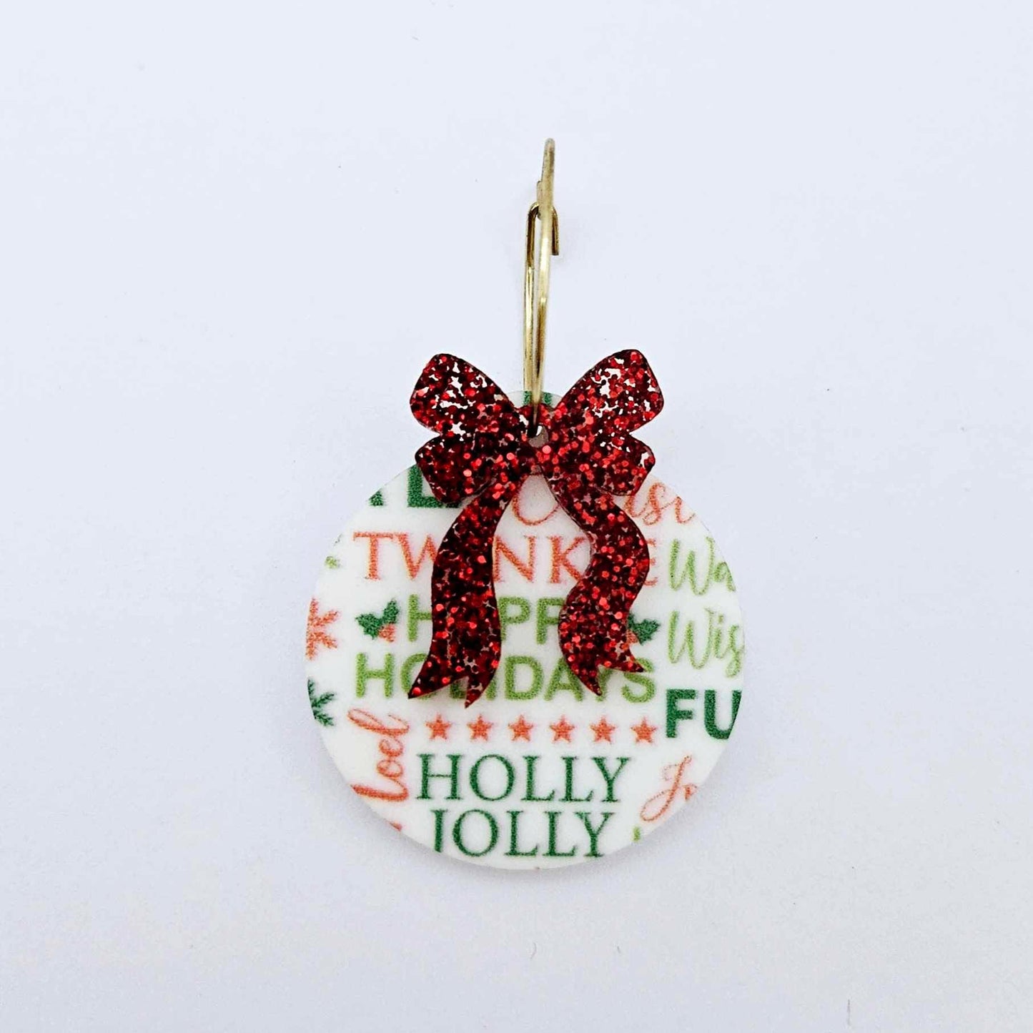 One Christmas Text UV printed bauble and included red glitter bow assembled on a 20mm hoop