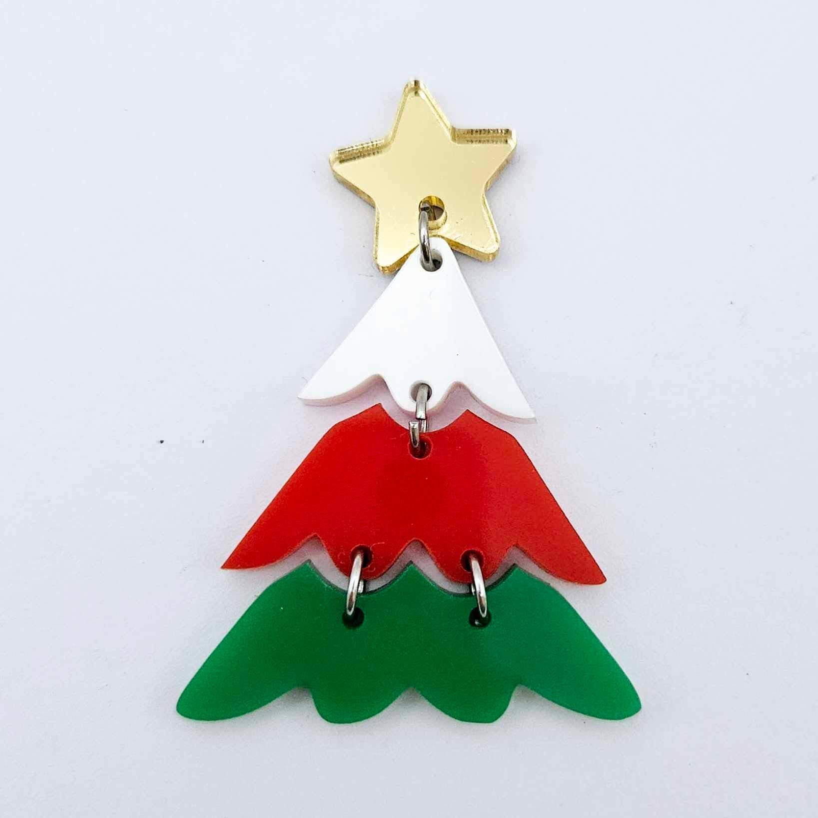 One green, red and white three piece Christmas Tree dangle earring blanks assembled with jump rings and a star topper