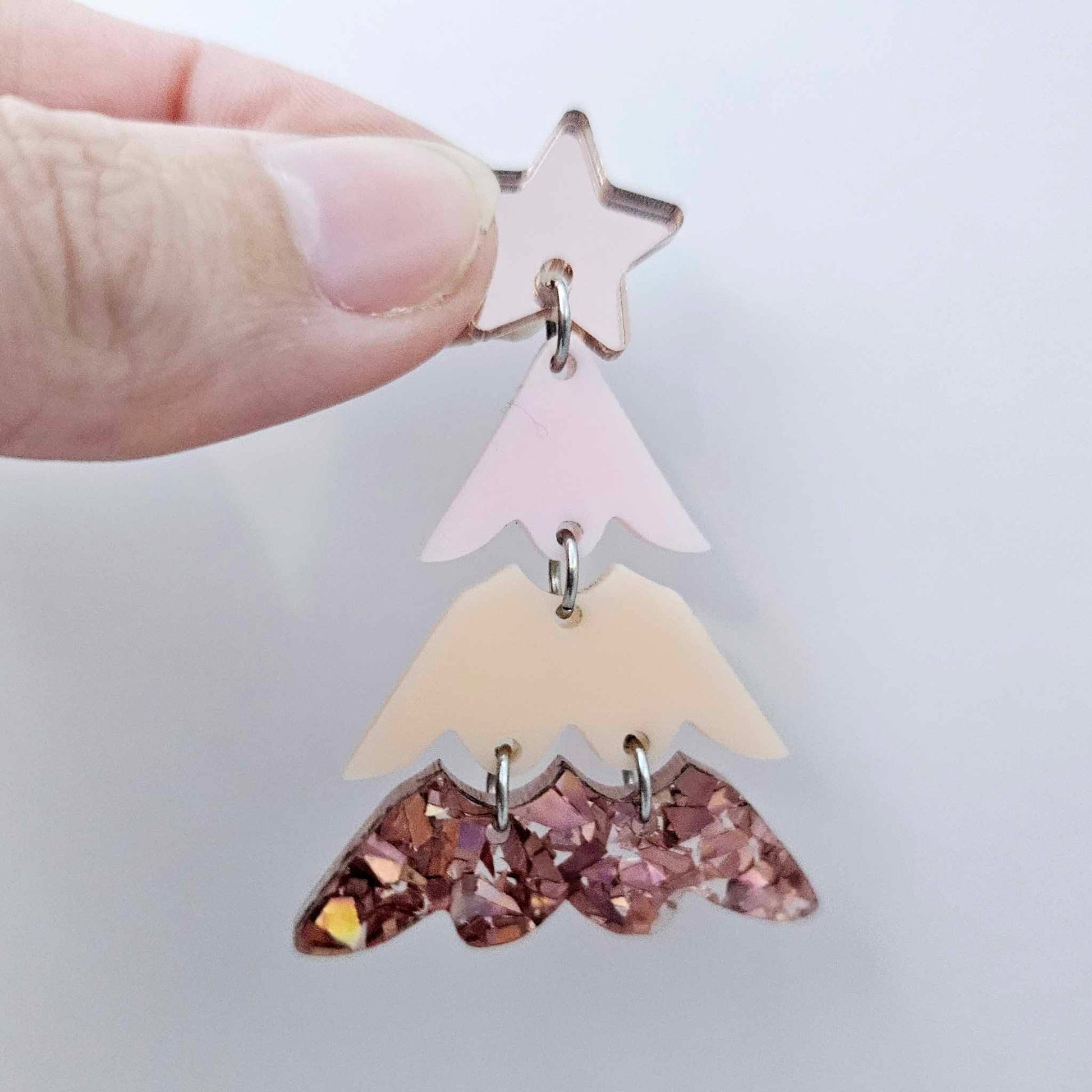 One 40mm three piece Christmas Tree dangle earring blank assembled with 6mm jump rings and a 16mm star topper, shown as a finished earring component.