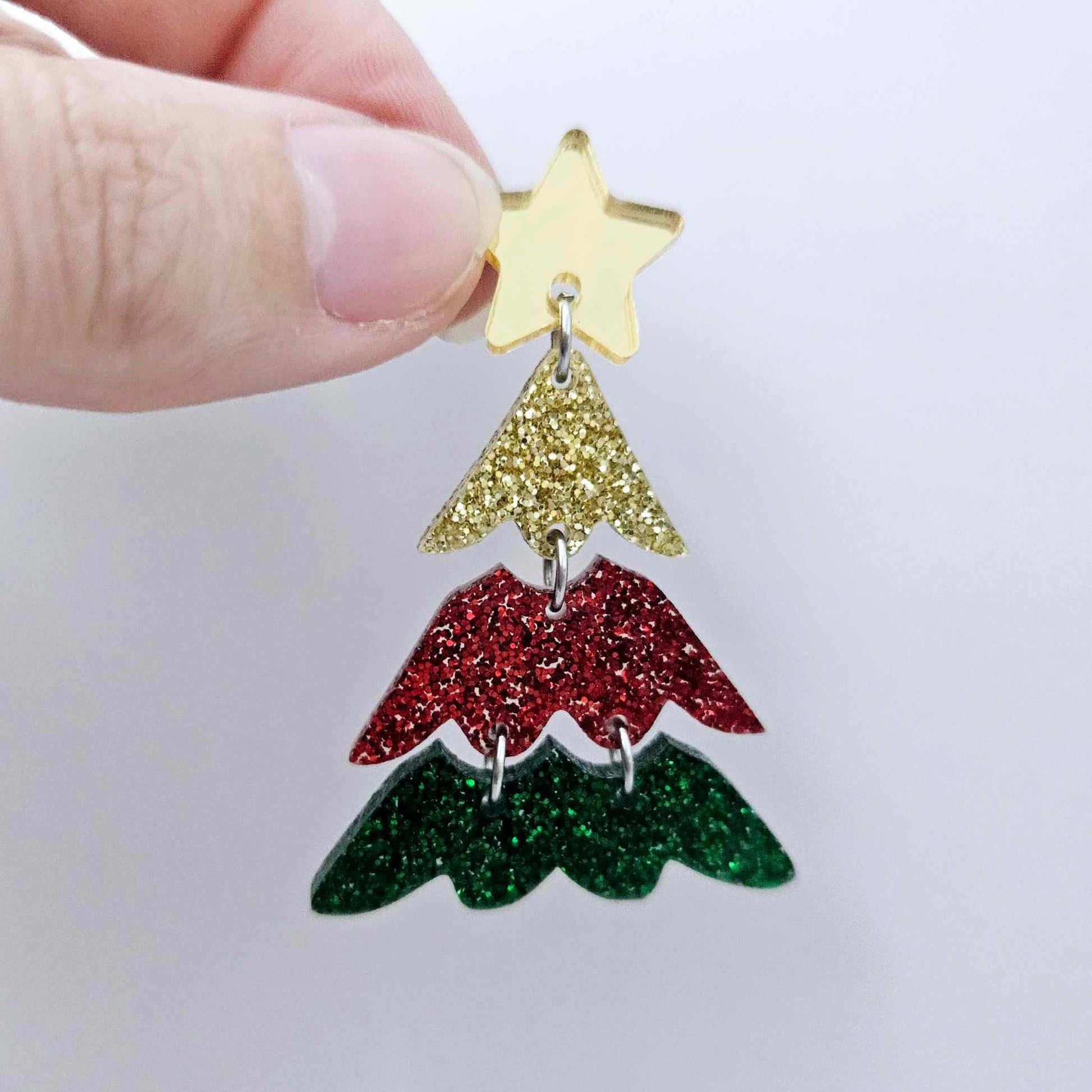 One green, red and gold glitter three piece Christmas Tree dangle earring blank assembled with jump rings and a star topper
