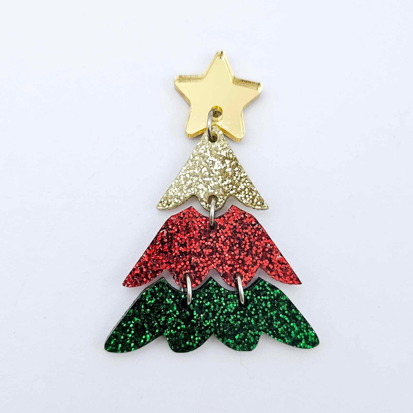 One green, red and gold glitter three piece Christmas Tree dangle earring blank assembled with jump rings and a star topper