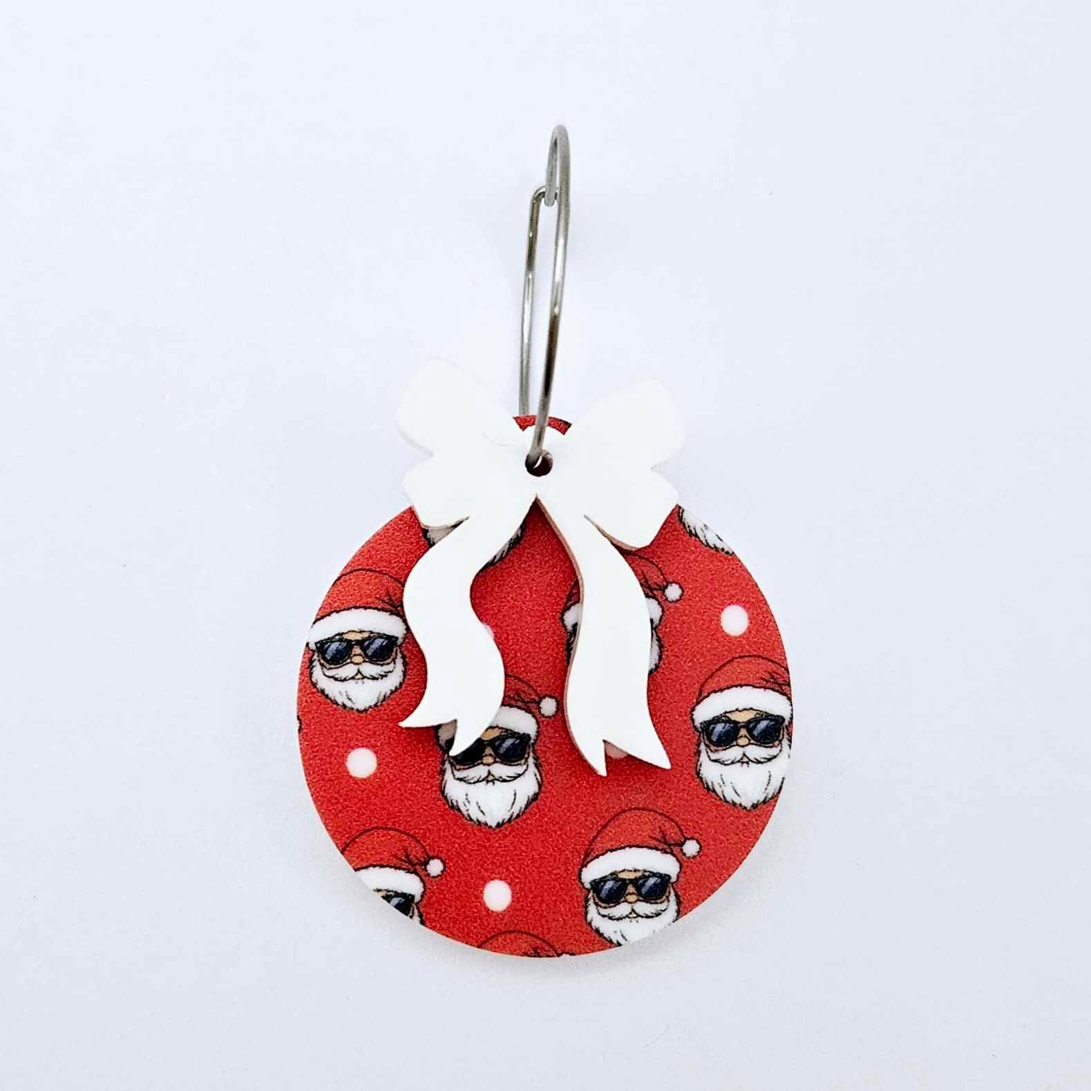 One Jolly Cool UV printed bauble and included white bow assembled on a 20mm hoop