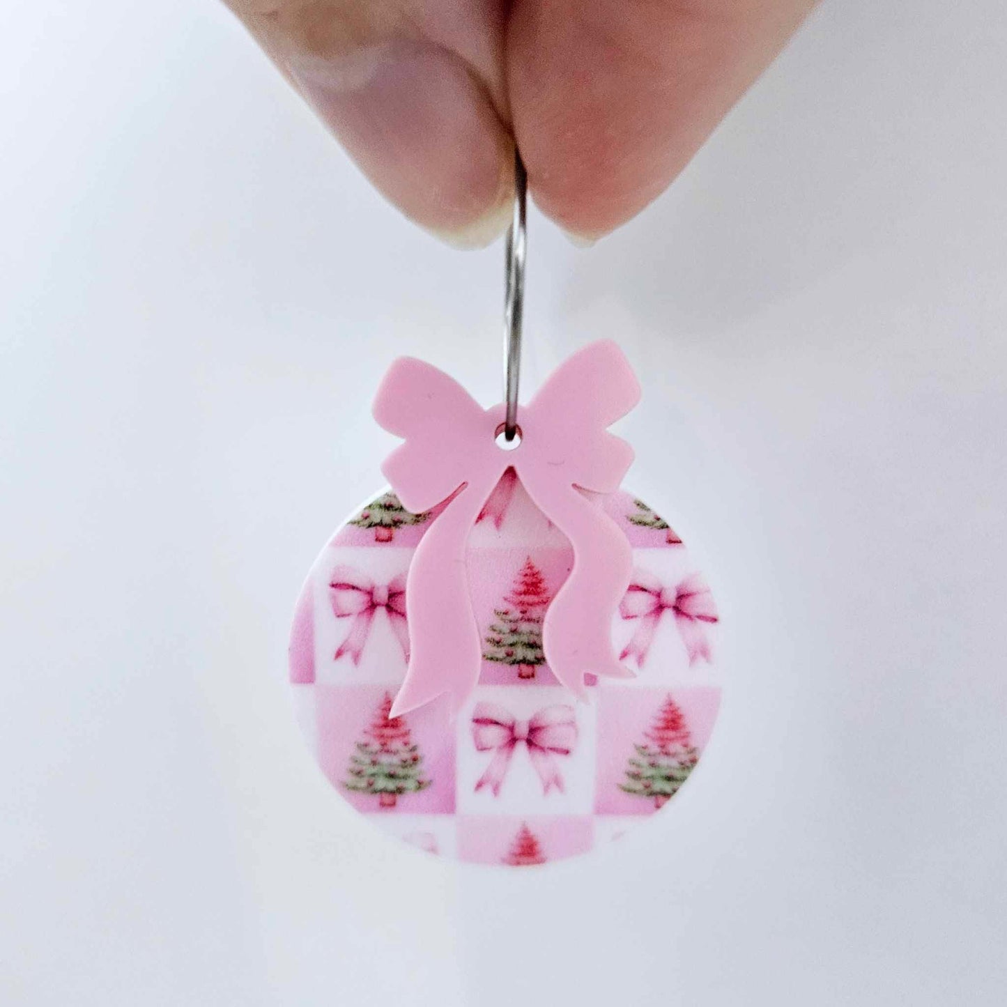 One Pink Patchwork UV printed bauble and included pastel pink bow assembled on a 20mm hoop