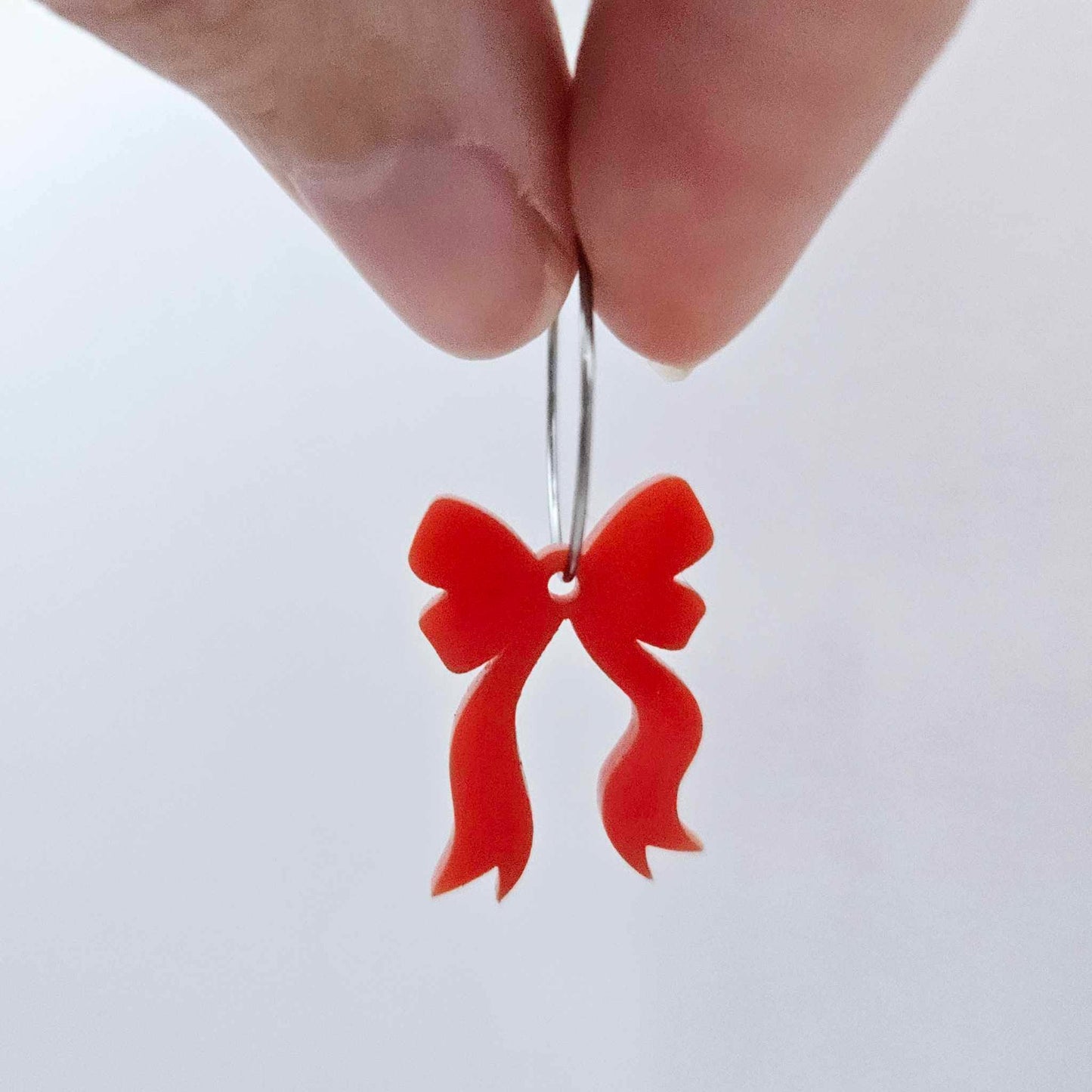 One solid red acrylic bow dangle earring blank assembled on a 20mm hoop