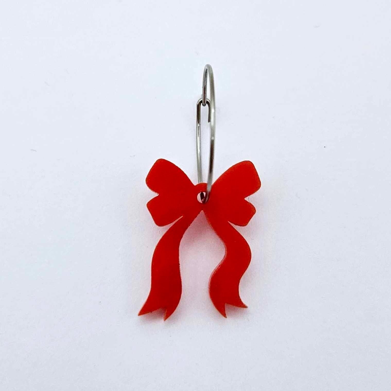 One solid red acrylic bow dangle earring blank assembled on a 20mm hoop