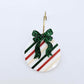 One Stripey Christmas UV printed bauble and included green glitter bow assembled on a 20mm hoop