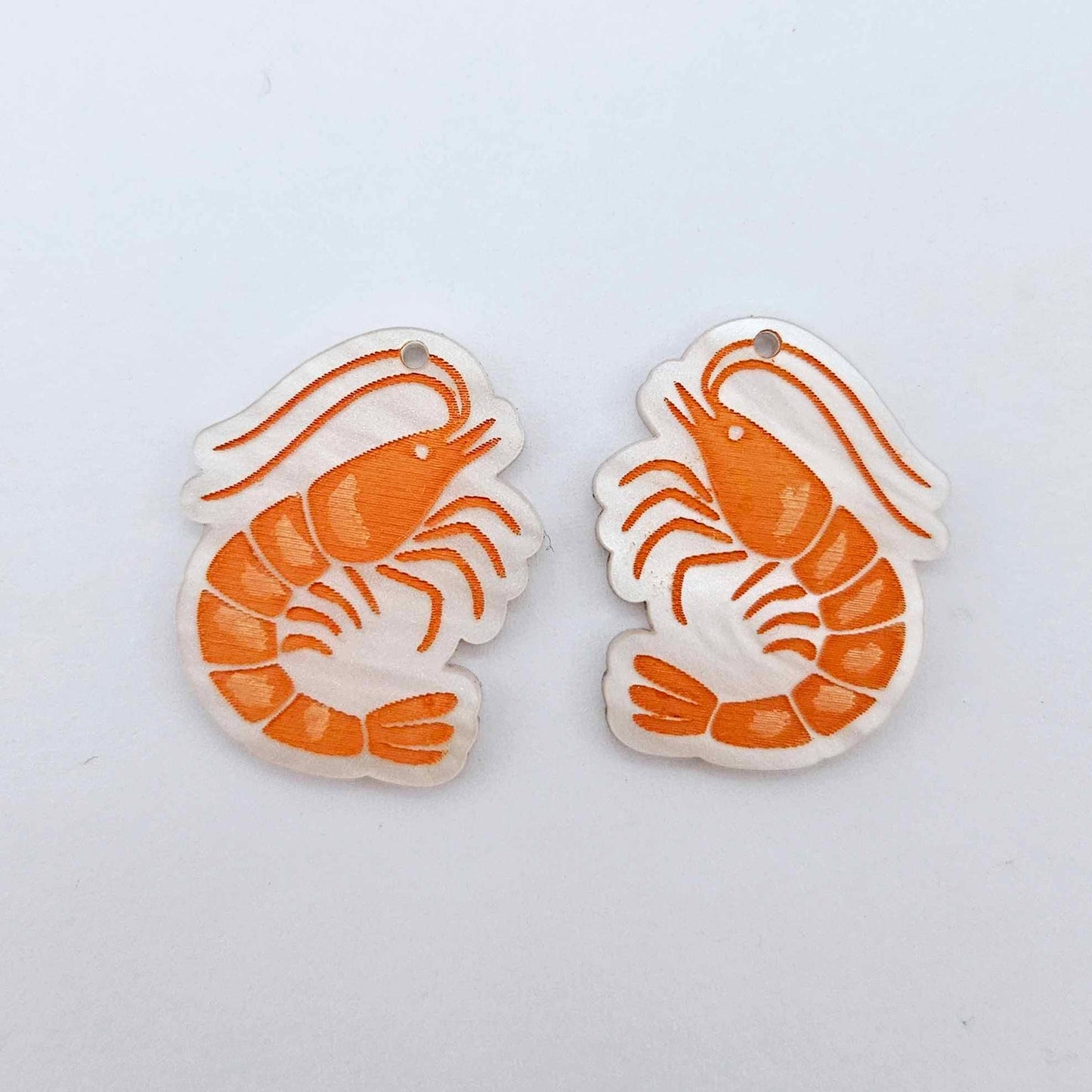 One pair of white marble acrylic prawn dangle erring blanks paint filled with orange and white details
