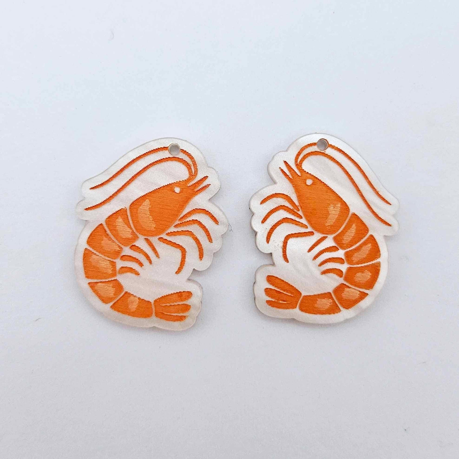 One pair of white marble acrylic prawn dangle erring blanks paint filled with orange and white details