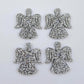 Two pairs of 32mm silver glitter acrylic angel dangle earring blanks laying flat on a white background
