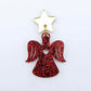 One 32mm red glitter acrylic angel dangle earring blank assembled with a 16mm gold mirror star topper, shown as a finished earring