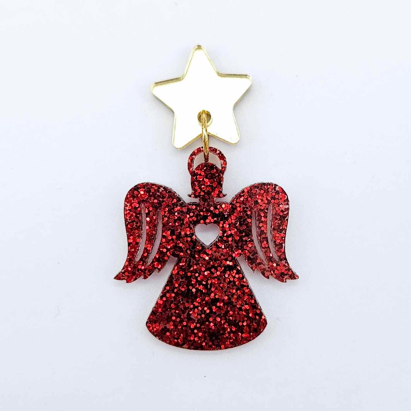 One 32mm red glitter acrylic angel dangle earring blank assembled with a 16mm gold mirror star topper, shown as a finished earring
