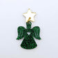 One 32mm green glitter acrylic angel dangle earring blank assembled with a 16mm gold mirror star topper, shown as a finished earring