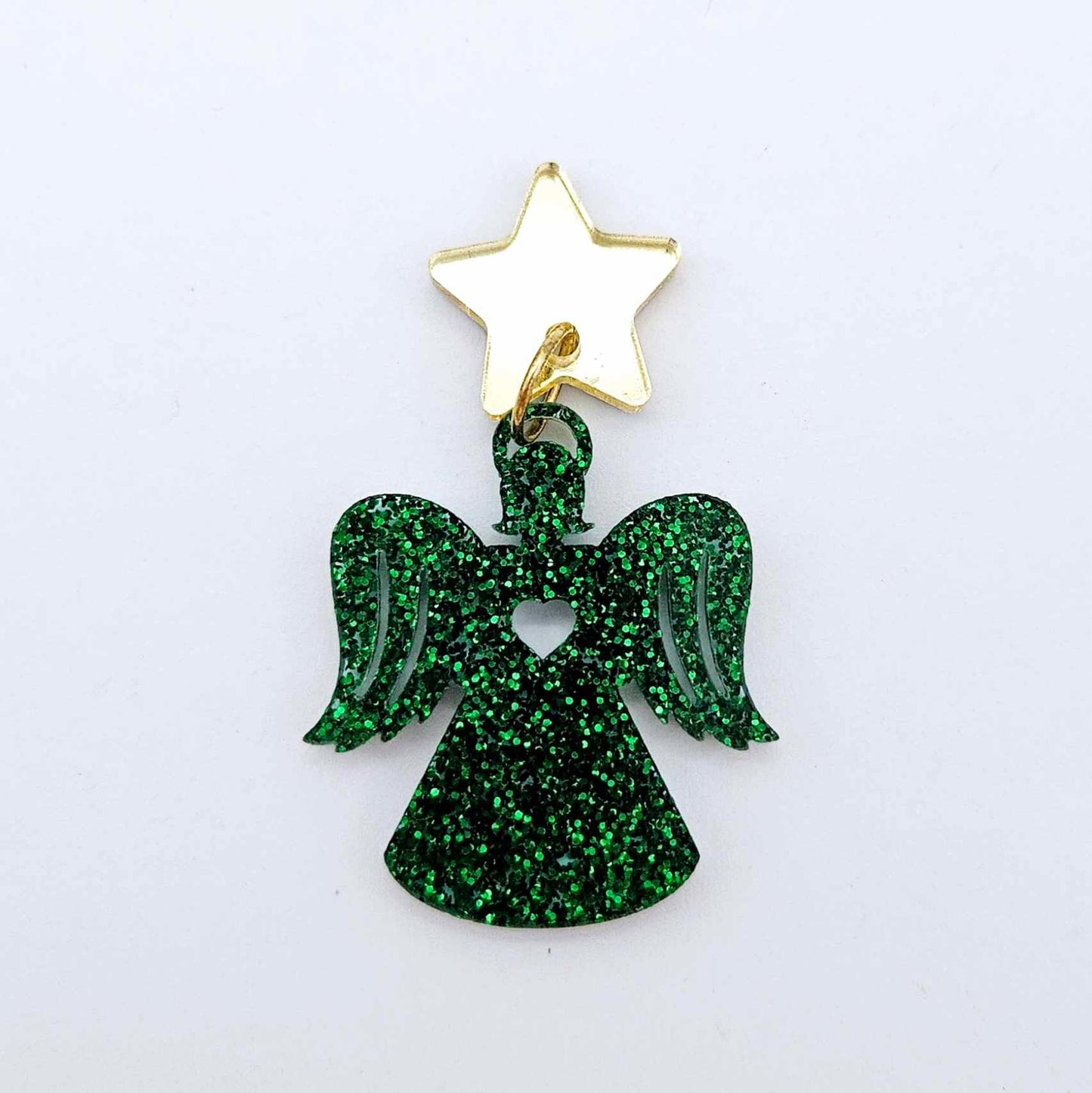 One 32mm green glitter acrylic angel dangle earring blank assembled with a 16mm gold mirror star topper, shown as a finished earring