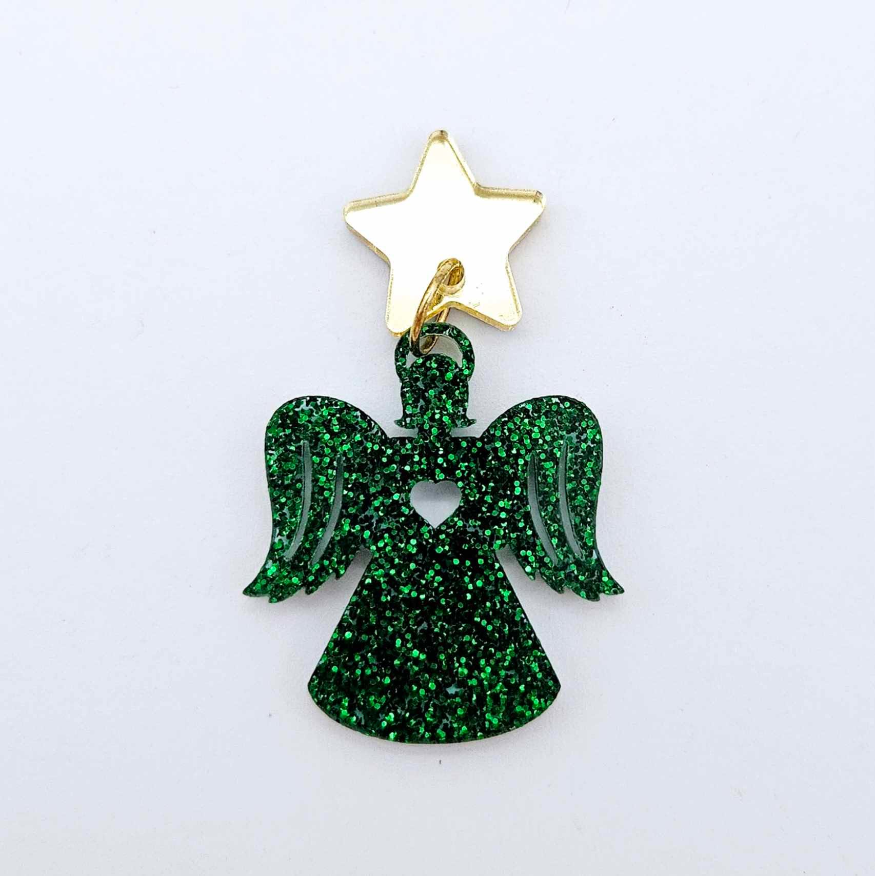 One 32mm green glitter acrylic angel dangle earring blank assembled with a 16mm gold mirror star topper, shown as a finished earring