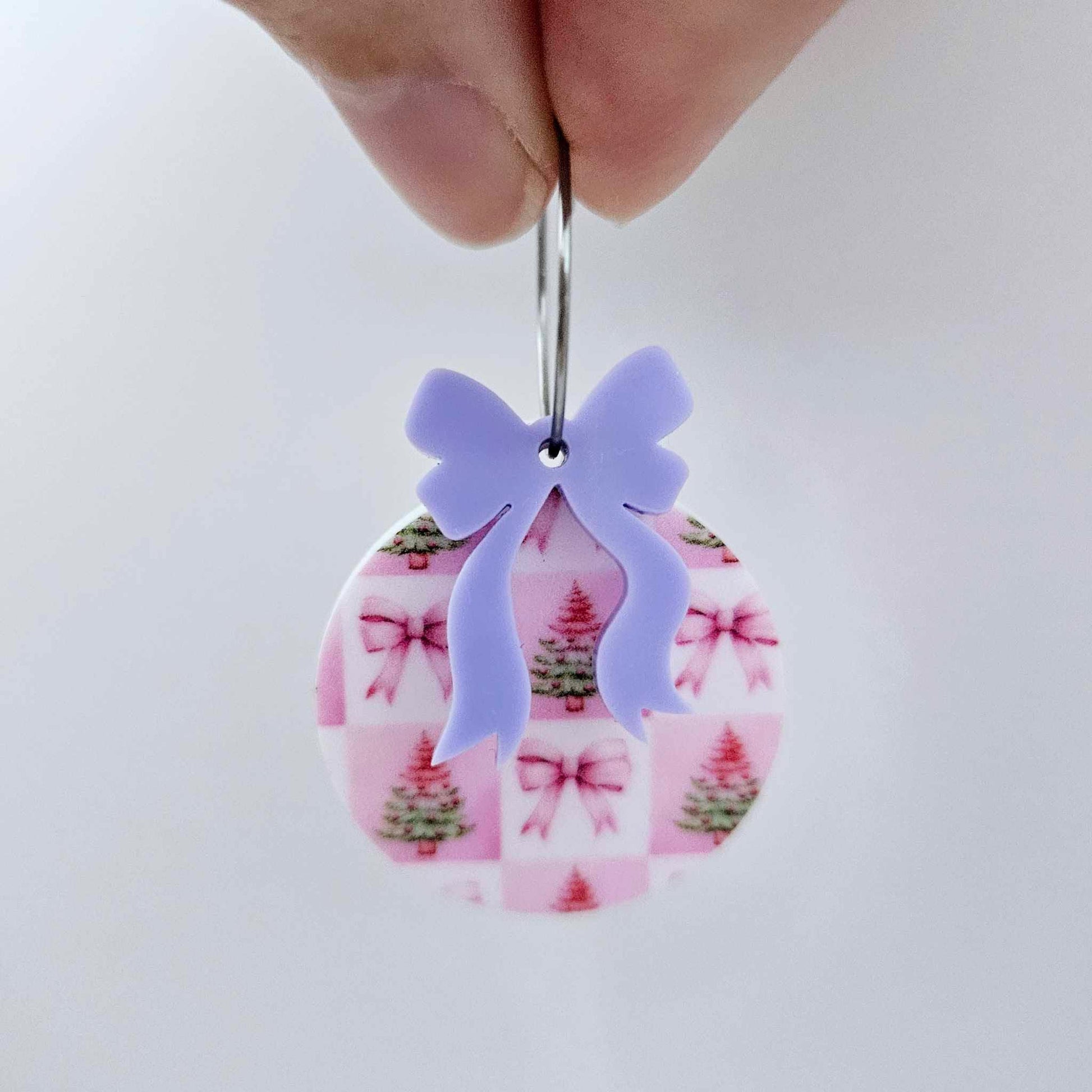 One Pink Patchwork UV printed bauble and included pastel purple bow assembled on a 20mm hoop