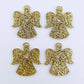 Two pairs of 32mm gold glitter acrylic angel dangle earring blanks laying flat on a white background