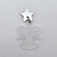 One 32mm fairy dust glitter acrylic angel dangle earring blank assembled with a 16mm silver mirror star topper, shown as a finished earrings