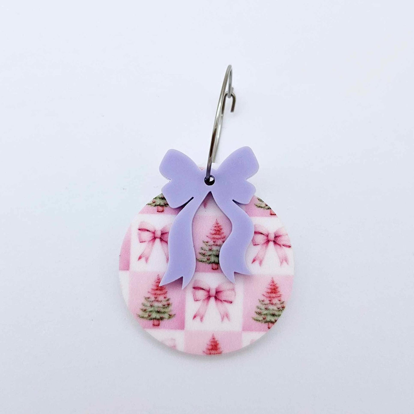 One Pink Patchwork UV printed bauble and included pastel purple bow assembled on a 20mm hoop