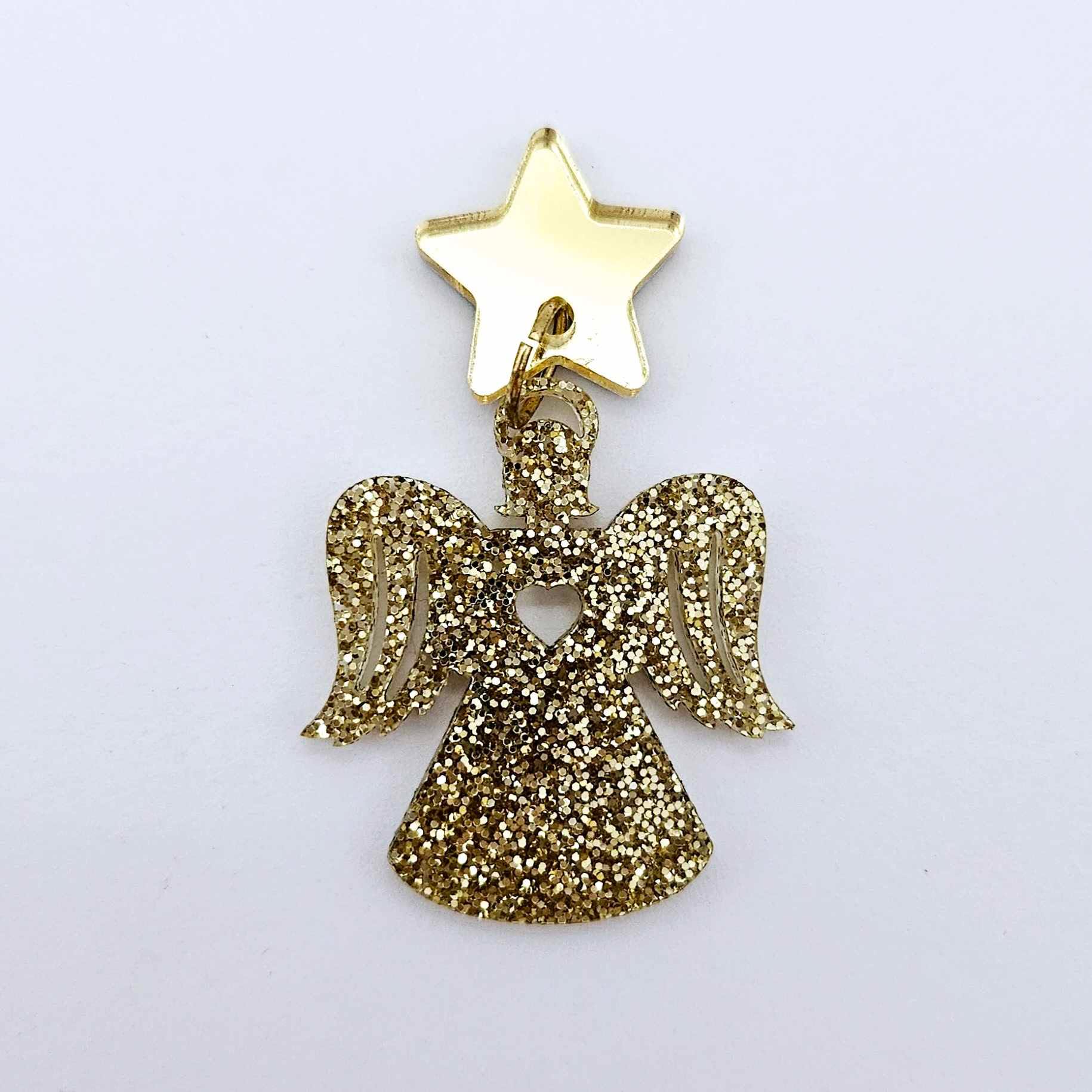 One 32mm gold glitter acrylic angel dangle earring blank assembled with a 16mm gold mirror star topper, shown as a finished earring component
