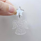 One 32mm fairy dust glitter acrylic angel dangle earring blank assembled with a 16mm silver mirror star topper, shown as a finished earrings