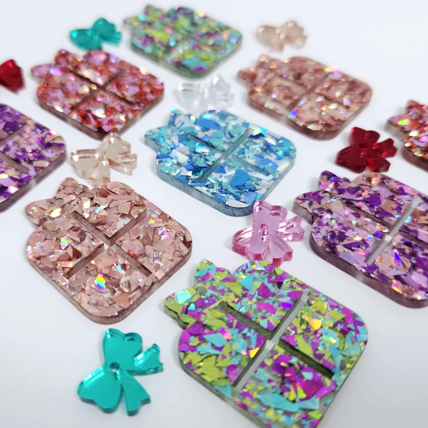 chunky glitter mixed pack green purplr pink red rose gold aqua blue silver Christmas presents ribbon bow DIY earring supplies laser cut acrylic dangles blanks