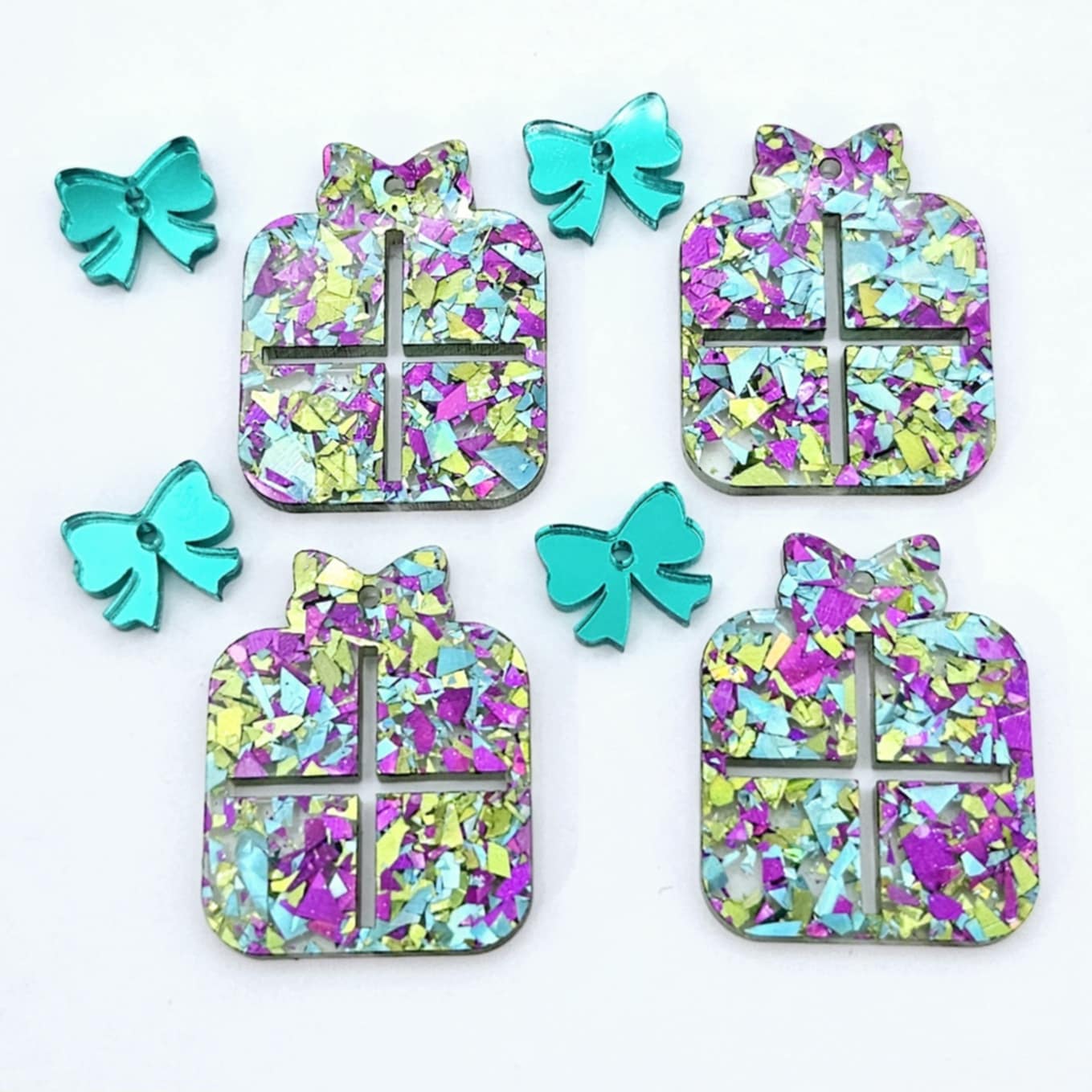 Chunky peacock glitter purple green Christmas present ribbon bow DIY earring supplies laser cut acrylic dangles blanks