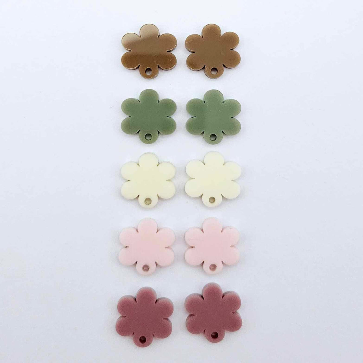 Warm Neutrals flower topper mixed pack showing one pair of each colour with holes, including dusty rose, strawberry milkshake, cream, iced coffee and olive green