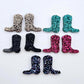 15mm glitter boot stud earring blanks in copper, black, holographic blue, hot pink and teal glitter, with one pair of each colour laid flat together.