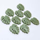 17mm olive green acrylic monstera leaf acrylic stud earring blanks laid flat together.