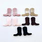 15mm solid acrylic boot stud earring blanks in strawberry milkshake, dusty rose, chocolate brown, iced coffee and black, with one pair of each colour laid flat together.
