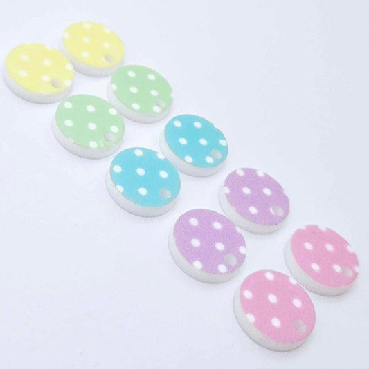 14mm Pastel Polka Dot UV printed acrylic earring toppers in pink, purple, blue, green and yellow polka dots laying flat