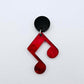 35mm red marble acrylic music note earring dangle blank assembled with a 14mm black topper, showing the lightweight finished earring design.