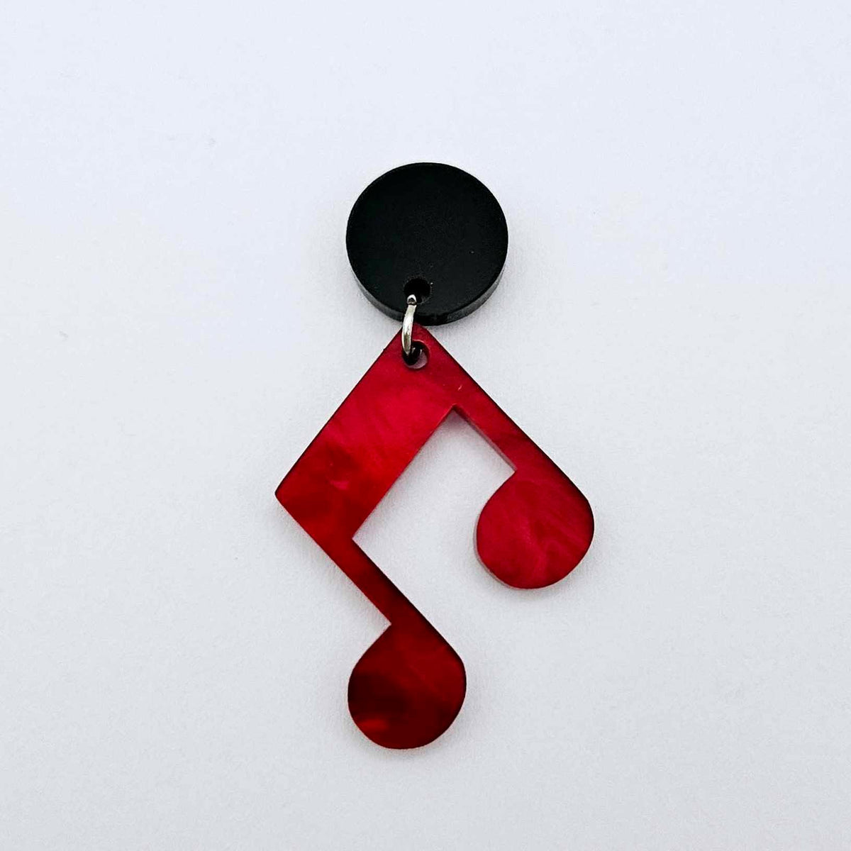 35mm red marble acrylic music note earring dangle blank assembled with a 14mm black topper, showing the lightweight finished earring design.
