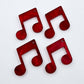 Two pairs of 35mm red marble acrylic music note earring dangle blanks laid flat together.
